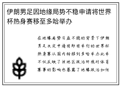 伊朗男足因地缘局势不稳申请将世界杯热身赛移至多哈举办